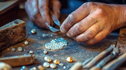 A jeweler's hands carefully examining a precious stone, surrounded by various gemstones and tools on a wooden table in a workshop setting.