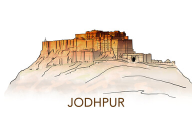 Mehrangarh fort, Rajasthan, India. Artistic sketch. Hand drawn watercolour postcard, poster, book illustration