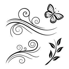 Black butterfly and floral swirls decorative ornamental