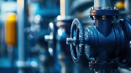 A close-up of a metal pipe with a gear-like mechanism, with a blurred background of industrial equipment and machinery. 