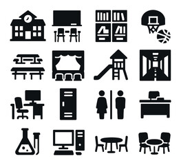 School facilities icon collection. educational silhouette icons: classroom, library, playground, basketball, locker, lab, desk, computer, cafeteria vector icons.