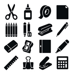 School supplies icon collection. stationery silhouette icons: scissors, glue, tape, pencil, ruler, calculator vector icons.