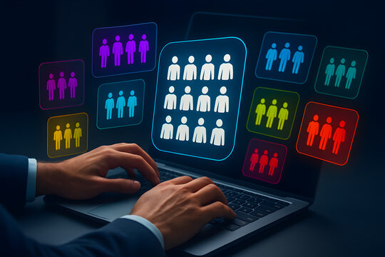 Businessman working on a laptop displaying various people icons, symbolizing networking and collaboration - Powered by Adobe