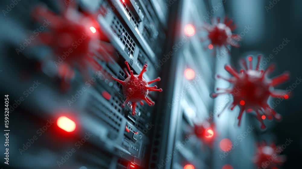 Poster flashing breach indicators and virus symbols on server rack highlight cybersecurity threats and data