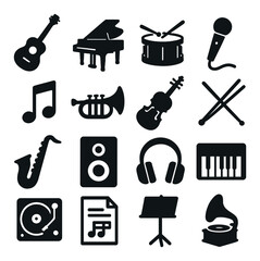 Musical instruments icon collection. silhouette guitar, piano, drums, saxophone, microphone vector icons.