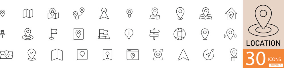  Black line icon set with 30 location and navigation icons. Great for maps, travel apps, GPS, and user interface design © mdsapon