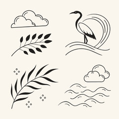 Crane bird branch clouds water waves abstract line art vector