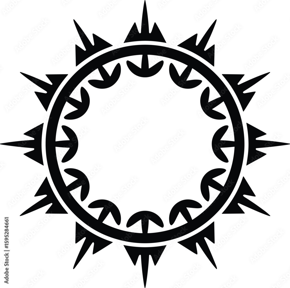 Poster symbolic black and white circular ornamental design with sharp spikes on white background