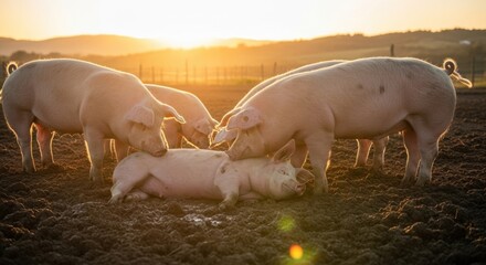 Pigs Gather Together in the Warm Sunset Light on a Farm