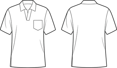 Polo shirt design mockup, front and back view, fashion garment template, short sleeve apparel sketch, clothing vector illustration, editable