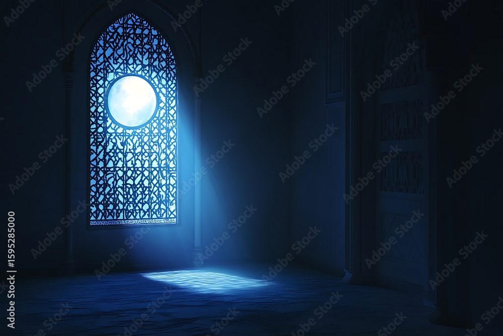 Poster moonlight streams through the intricately patterned window, illuminating the darkened chamber with a
