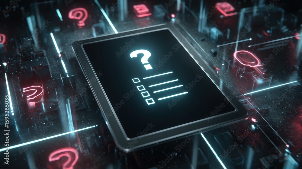 Poster a digital interface displaying a glowing question mark on a screen, surrounded by multiple illuminat