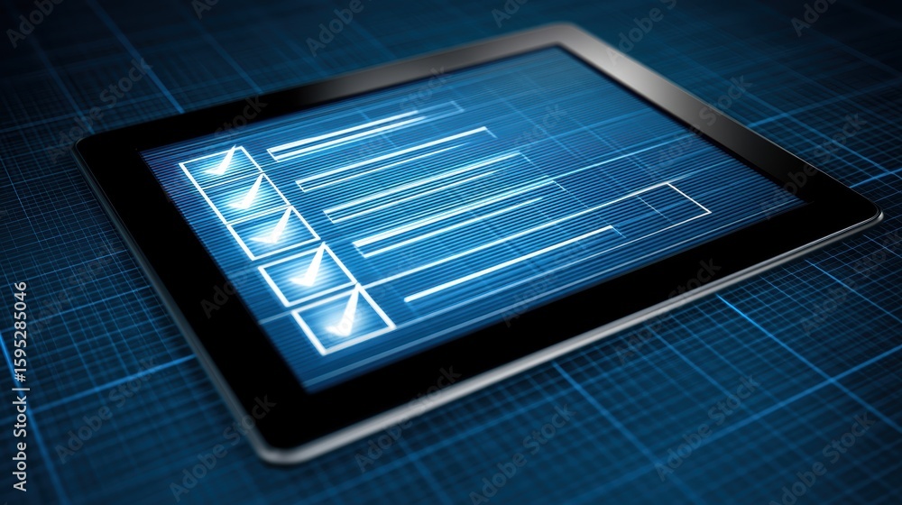 Aufkleber a digital tablet displays a futuristic checklist interface with glowing checkmarks on a blue grid ba
