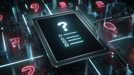 A digital interface displaying a glowing question mark on a screen, surrounded by multiple illuminated question marks in a futuristic, dark tech environment, laptop with AI checklist