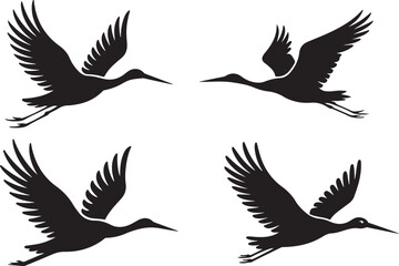 Obraz premium set of stork silhouette vector icon, stork with a fish in mouth, stork silhouette vector icon, vector illustration of stork icon, symbol of standing stork, white stork isolated on white background.
