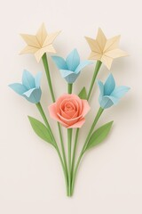 Fototapeta premium A delicate bouquet of pastel paper flowers featuring a pink rose blue tulips and yellow star shaped blooms