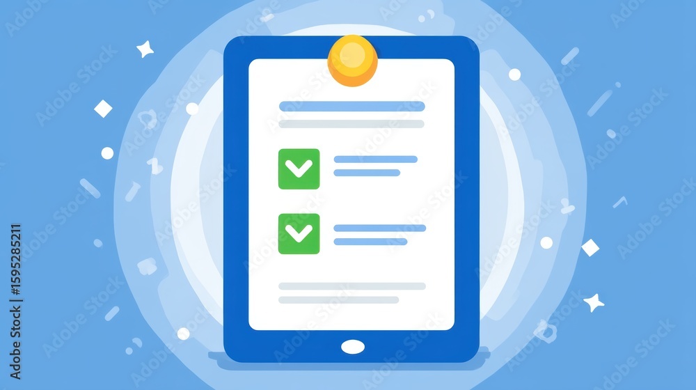 Poster a digital tablet displays a checklist with two completed tasks marked by green checkmarks on a blue 