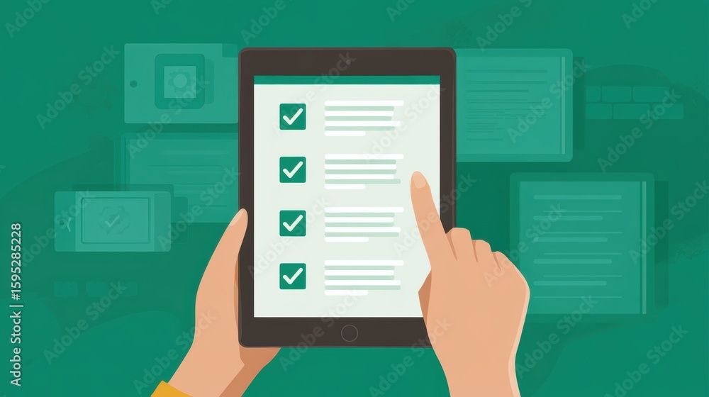 Poster hands holding a tablet displaying a checklist with green checkmarks on a green background with subtl