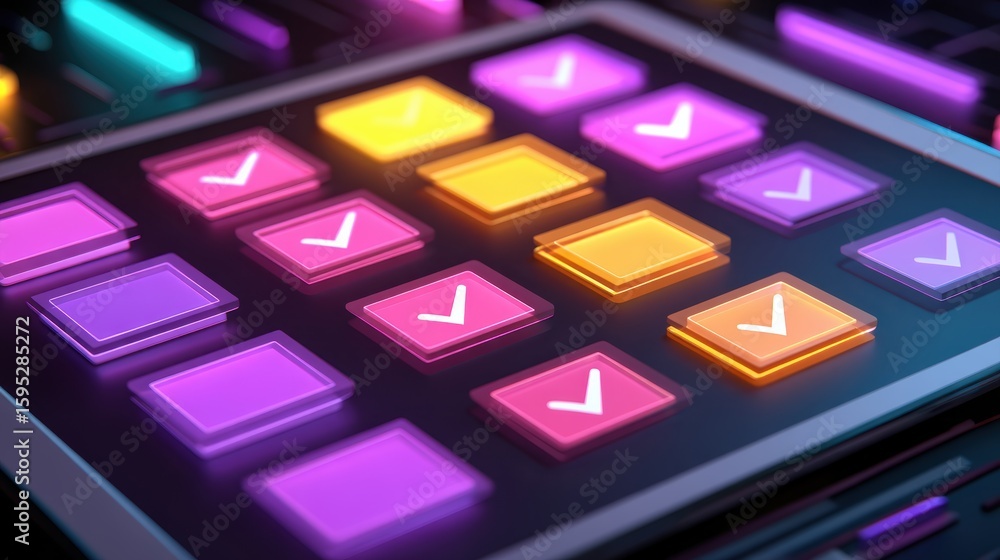 Poster a vibrant digital interface with glowing, colorful buttons and check marks, representing technology 