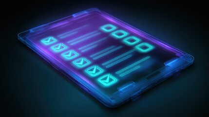 A glowing, futuristic digital music player interface with neon blue and purple hues, featuring play buttons and slider controls on a transparent device, laptop with AI checklist