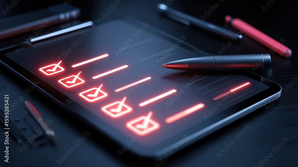 Poster a digital tablet displays a glowing checklist with red checkmarks, accompanied by a stylus, symboliz