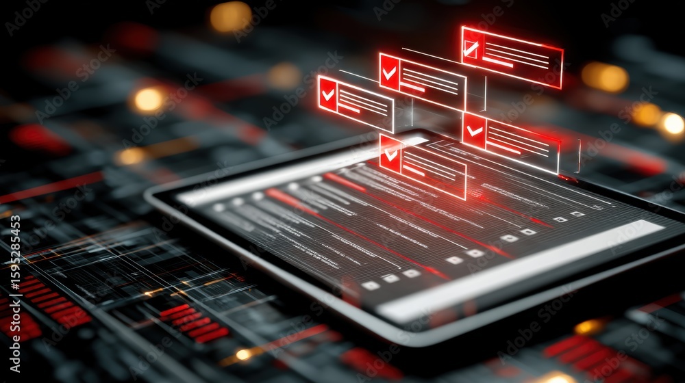 Poster a futuristic tablet displaying digital checklists with red check marks hovering above, set against a
