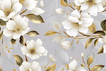 Elegant white flowers with golden leaves and branches on a light background