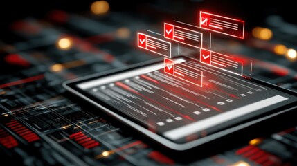 A futuristic tablet displaying digital checklists with red check marks hovering above, set against a dark, tech-themed background with glowing circuit patterns, laptop with AI checklist