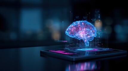 Obraz premium A glowing holographic brain projection emerges from a tablet, symbolizing advanced technology, artificial intelligence, and digital innovation, laptop with AI checklist