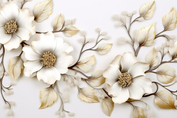 Elegant white flowers with golden leaves and branches on a light background