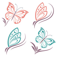 Coral teal butterflies with floral accents butterfly