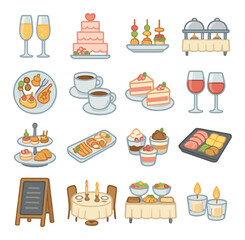 Wedding catering icon collection. elegant celebration linear icons. cake, wine, dessert, buffet, table vector icons.
