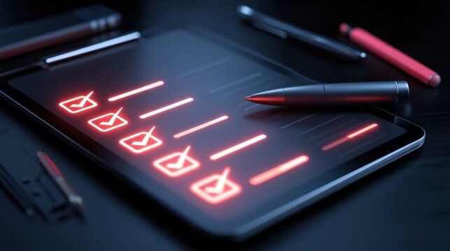 A digital tablet displays a glowing checklist with red checkmarks, accompanied by a stylus, symbolizing productivity and task management, laptop with AI checklist - Powered by Adobe