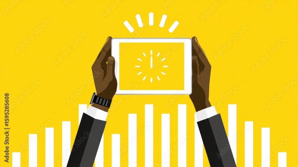 Poster hands hold a tablet showing a loading symbol, set against a bright yellow background with white bar 