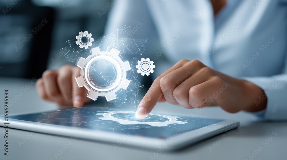 Poster person interacting with a digital tablet displaying futuristic holographic gears and network connect