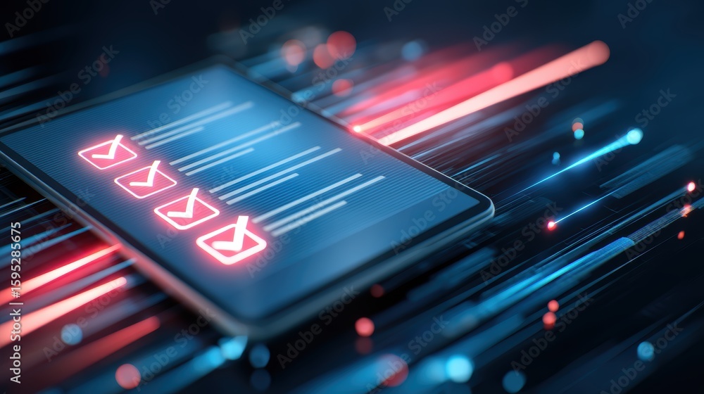 Poster a digital screen with red check marks and glowing data lines symbolizes technology, data processing,