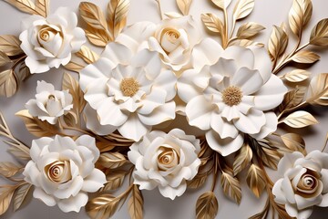 Floral background with white roses and golden leaves