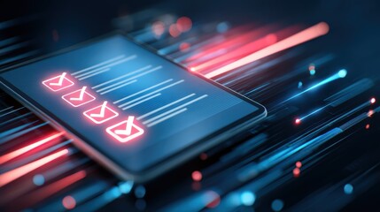 A digital screen with red check marks and glowing data lines symbolizes technology, data processing, and digital verification, laptop with AI checklist