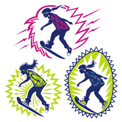 Dynamic skateboarders with energetic graphic elements female action