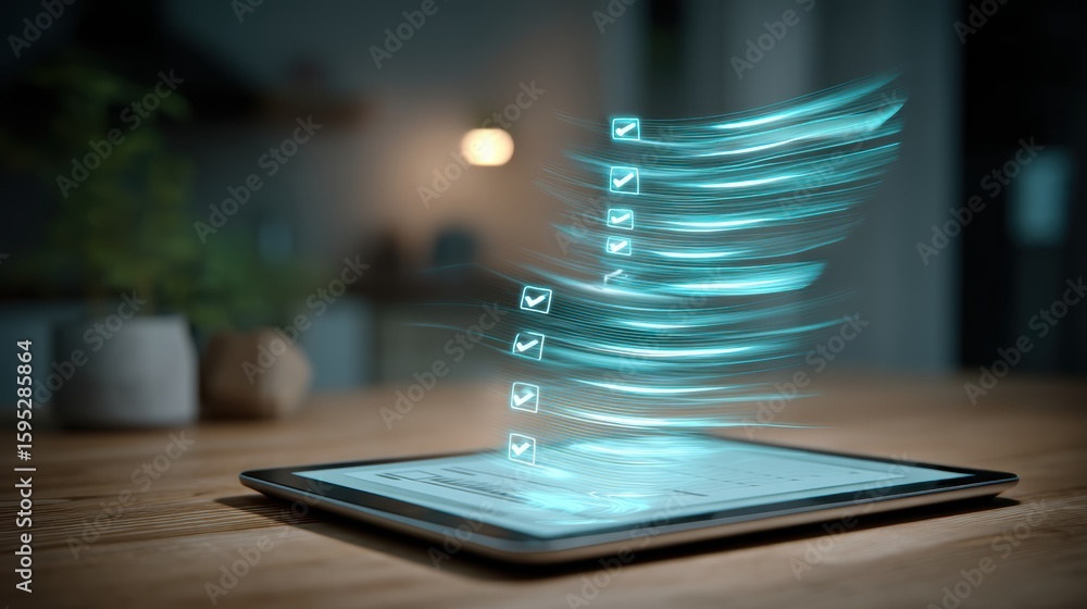 Poster a digital tablet displays a holographic checklist with multiple checked boxes, symbolizing task comp