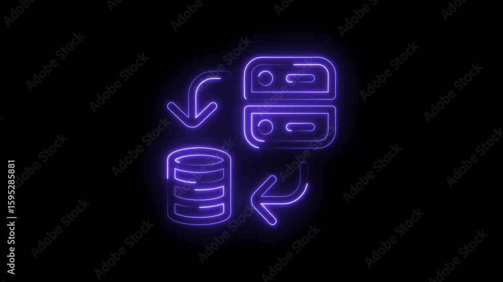 Poster glowing neon data transfer icon with arrows symbolizing exchange and connectivity on a black backgro