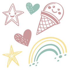 Cute cartoon stars hearts ice cream and rainbow vector