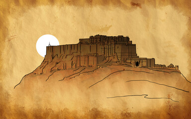 Mehrangarh fort, Rajasthan, India. Artistic sketch. Hand drawn watercolour postcard, poster, book illustration