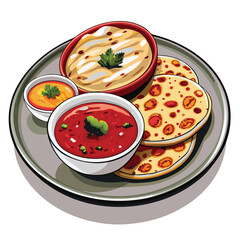 Fresh red tomato soup with basil and bread makes a healthy vegetarian meal