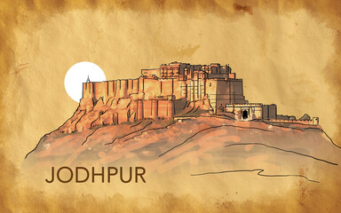 Mehrangarh fort, Rajasthan, India. Artistic sketch. Hand drawn watercolour postcard, poster, book illustration