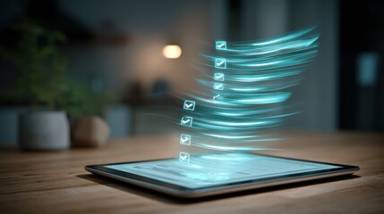 A digital tablet displays a holographic checklist with multiple checked boxes, symbolizing task completion and productivity in a modern workspace, laptop with AI checklist