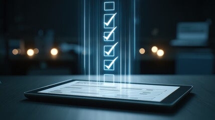 A digital tablet displays a checklist with glowing checkmarks rising upward, symbolizing task completion and productivity in a futuristic, dark setting, laptop with AI checklist
