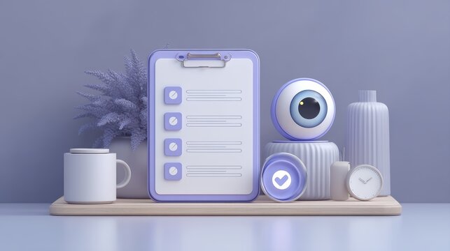 A minimalist arrangement featuring a clipboard with checklist, decorative vases, a clock, and a mug on a wooden shelf with a lavender color scheme, laptop with AI checklist