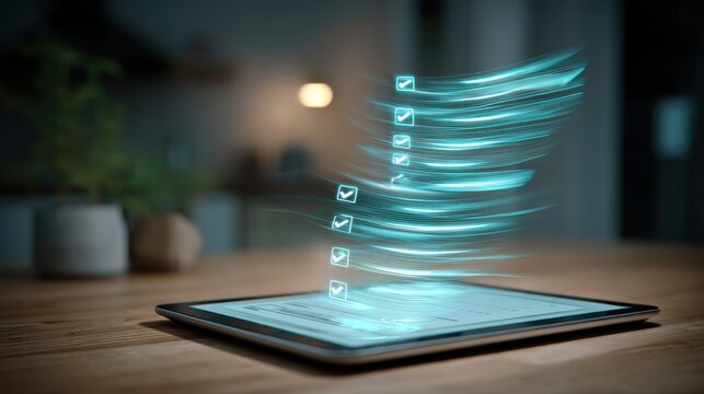 A digital tablet displays a holographic checklist with multiple checked boxes, symbolizing task completion and productivity in a modern workspace, laptop with AI checklist