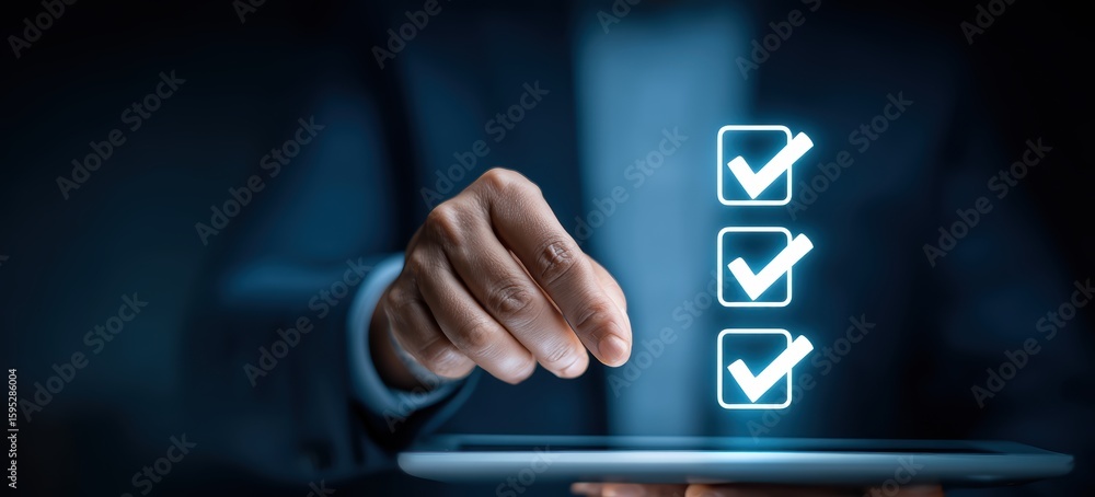 Poster a hand interacts with a digital tablet, displaying three glowing checkboxes with check marks in a fu
